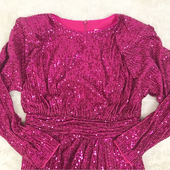 ELIZA J Hot Pink Sequin Long Sleeve Mini Dress Formal Cocktail Party‎ Size 6 New - Picture 4 of 15